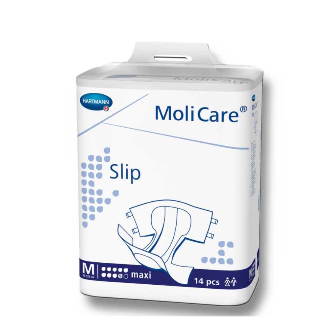 The packaging of MoliCare Unisex Slip Maxi Briefs - Heavy Absorbency, size M, includes leak guards and holds 14 pieces. The white package with blue and gray accents displays the brand logo and an outline image of the product.
